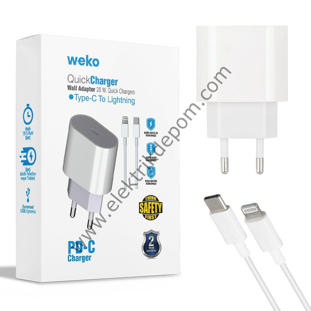 WEKO WK-21443 PD-C 20 WATT TYPE-C ŞARJ BAŞLIK ADAPTÖRÜ + TYPE-C TO LIGHTNING KABLO (NO:9)