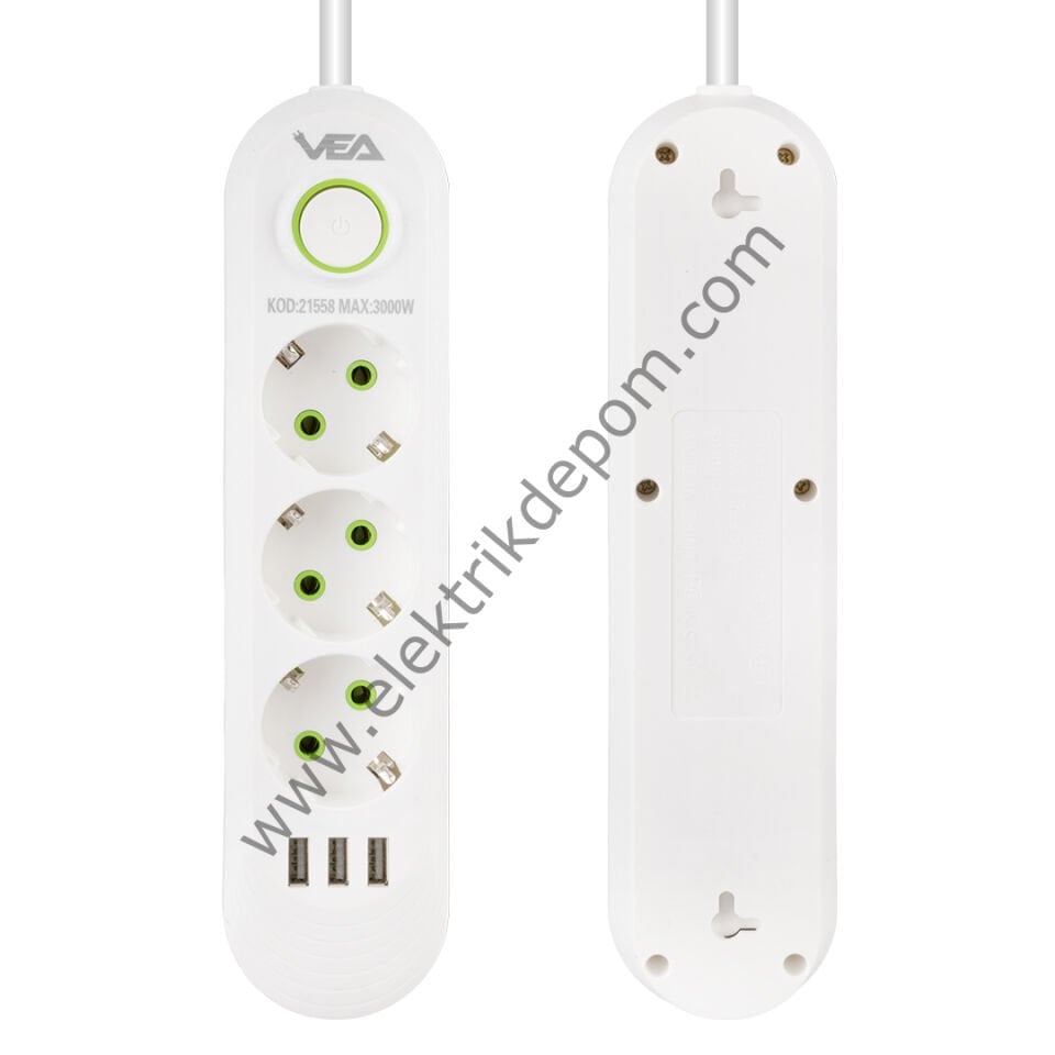 VEA VA-21558 3'LÜ 1.5 METRE KABLOLU 3 USB'Lİ BEYAZ AKIM KORUMALI PRİZ