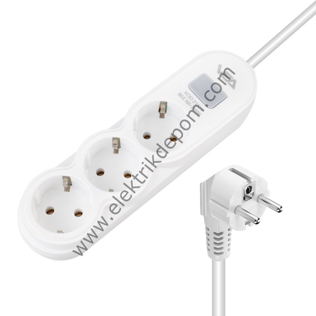 VEA VA-21571 3'LÜ 1.5 METRE KABLOLU ANAHTARLI BEYAZ AKIM KORUMALI PRİZ